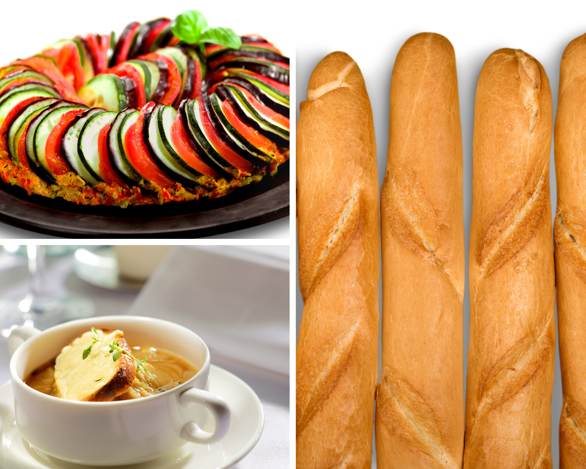Ratatouille, baguette, french onion soup french food , france restaurants