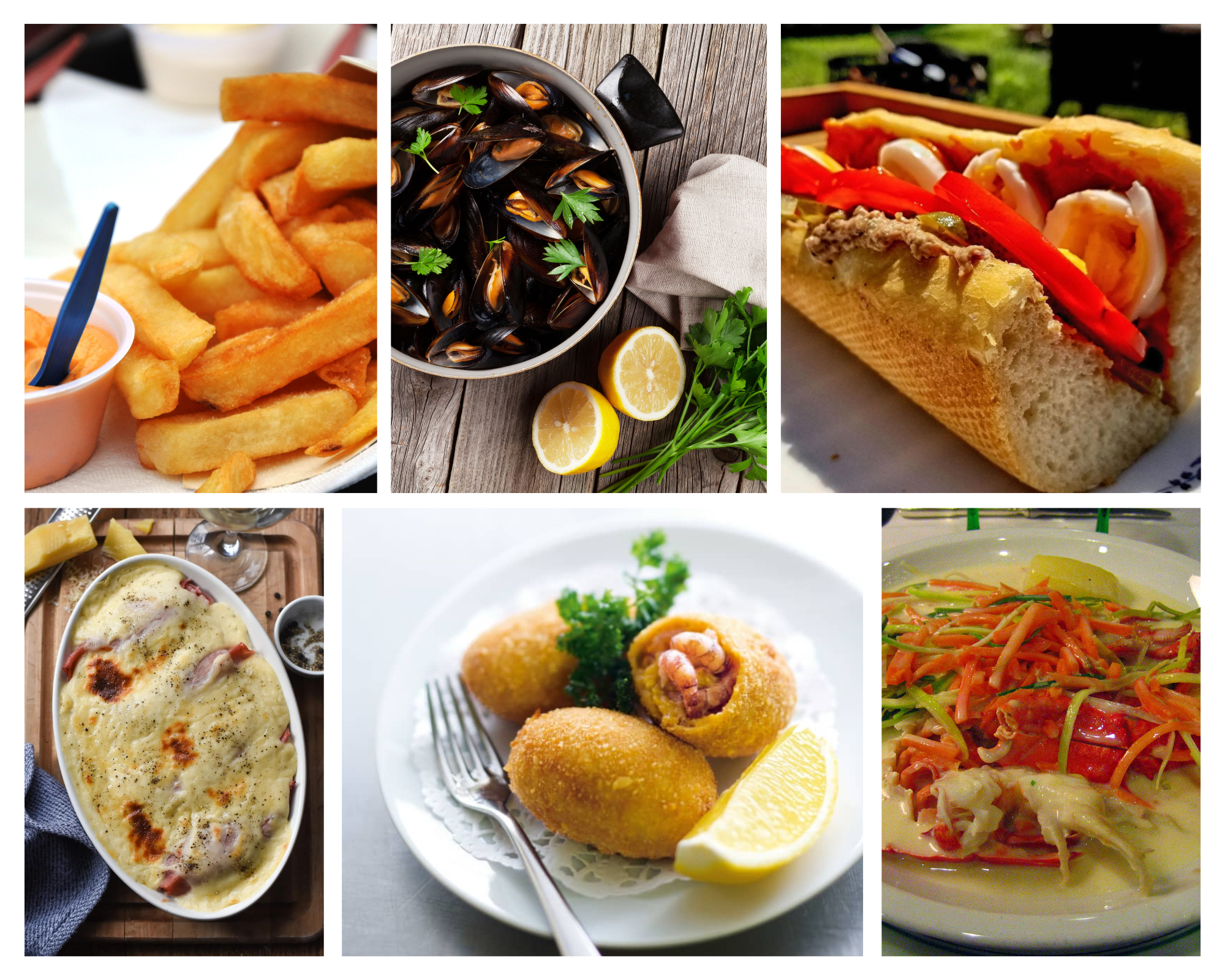 belgian frites, Mussels of Mosselen, The Belgian Martino, Belgian Endive and Ham Gratin, Croquettes aux crevettes grises, Waterzooi traditional food Belgium