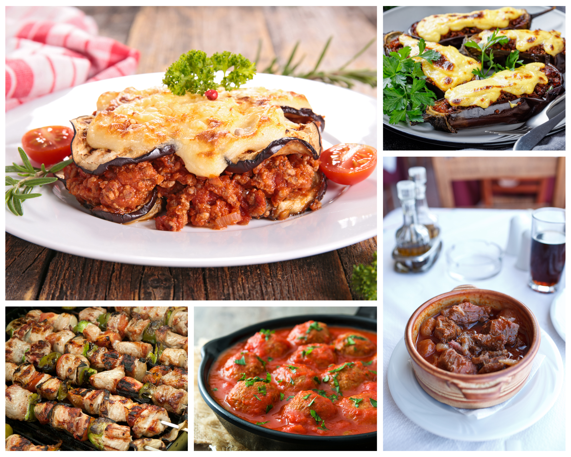 Moussaka, Papoutsakia, Souvlaki (Gyros) , Soutzoukakia , Stifado traditional food Greece