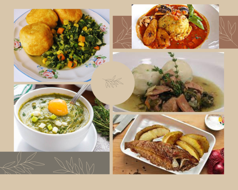 jackfish and vegetables Callaloo Soup Fungee and Pepperpot chicken, dumplings, meat, callaloo Fried flying fish with Cou-Cou
