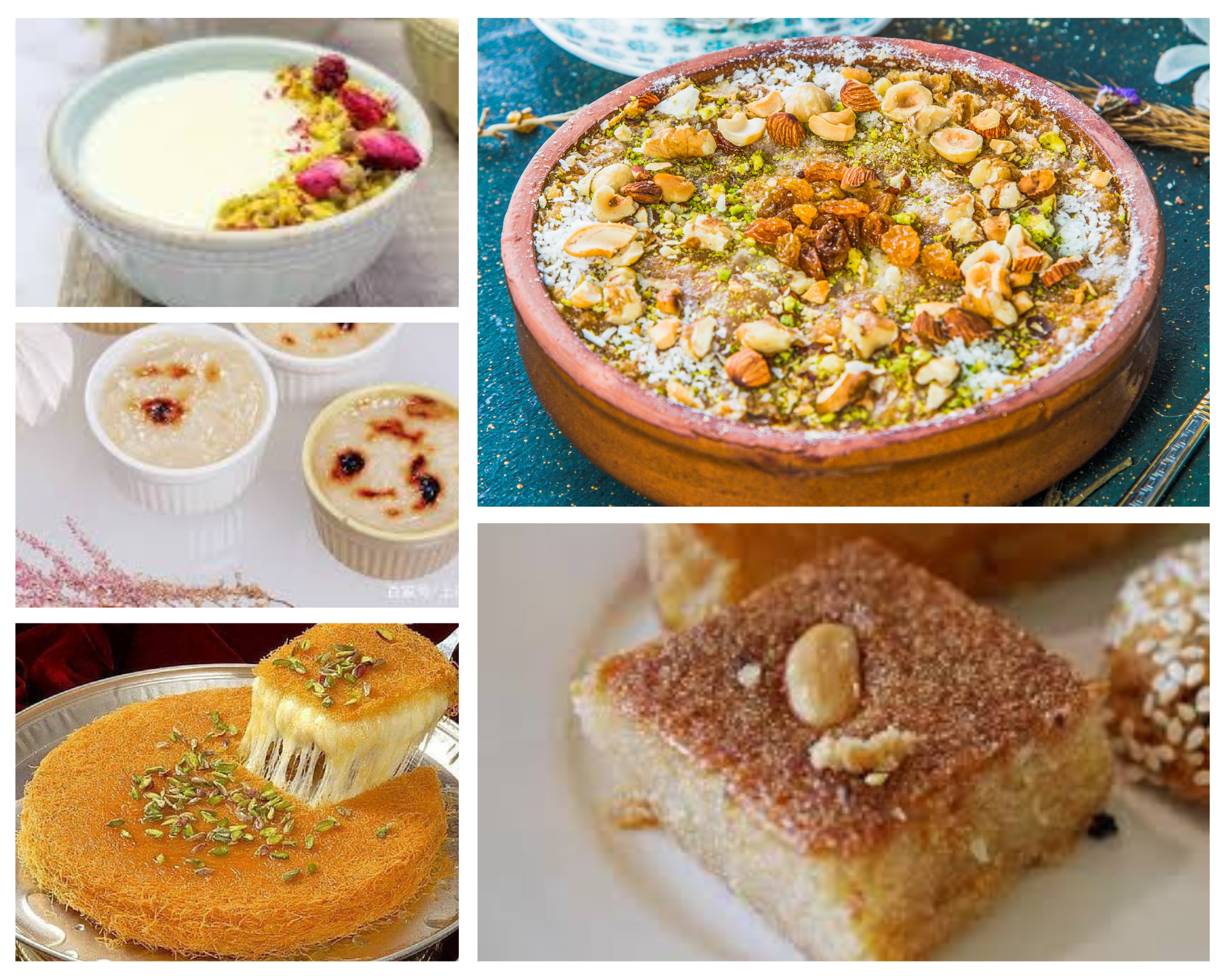 Mahalabiya Um Ali Roz bi laban Kanefeh Basbousa desserts Egypt