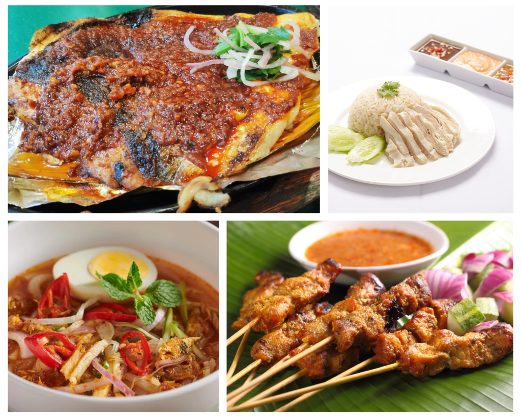 Singapore food laksa, BBQ Stingray, Chicken rice, Satay