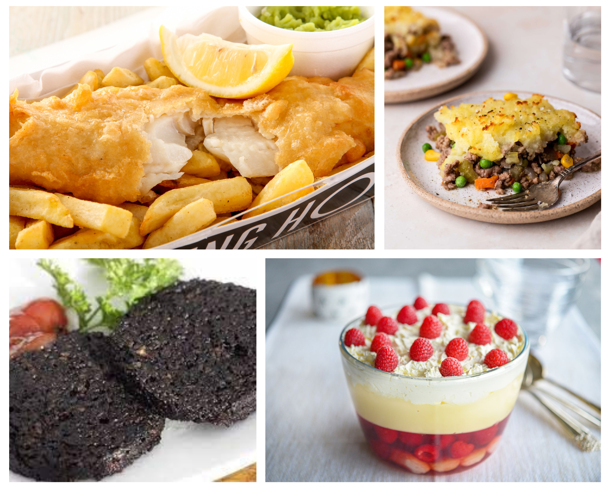 Fish and Chips, shepherd’s, Black pudding, English trifle traditional food Great Britain England