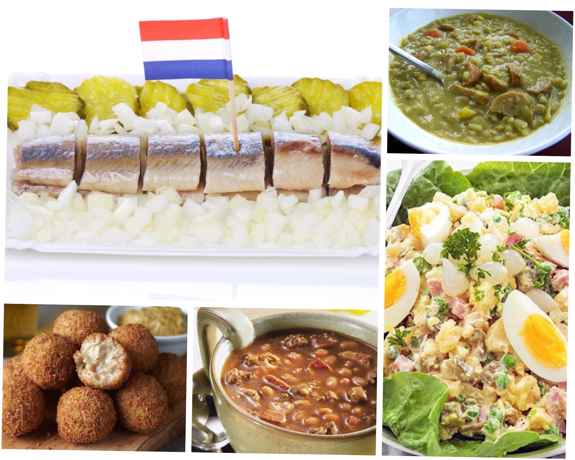 Hollandse nieuwe haring, Erwtensoep, Brown bean soup, Bitterballen, Huzarensalade traditional food netherlands